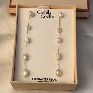 Camila Coelho Gold Tone & White Cream Freshwater Pearl Linear Drop Earrings NIB